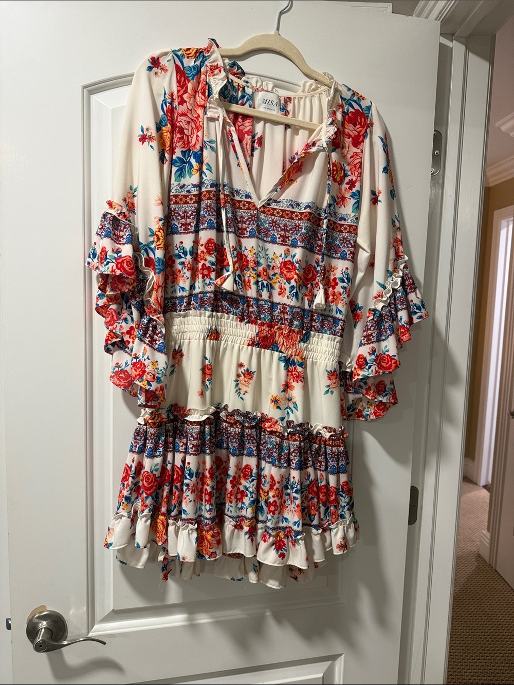 Misa Los Angeles Cream Floral Tiered Ruffle Dress with Red & Blue Accents
